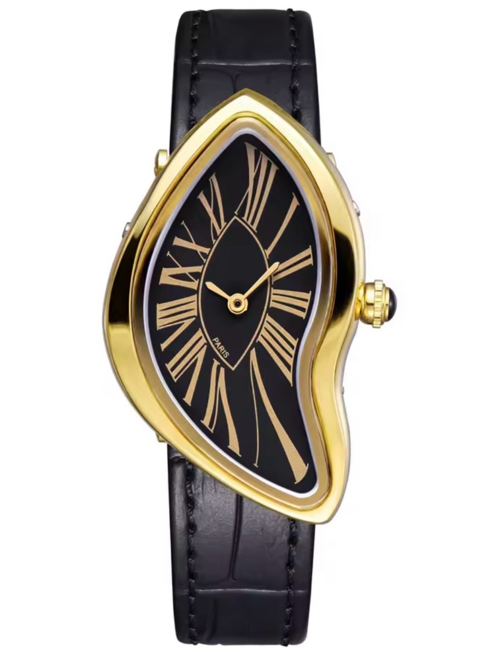 Teardrop Gold-Tone Watch with Black Dial and Strap